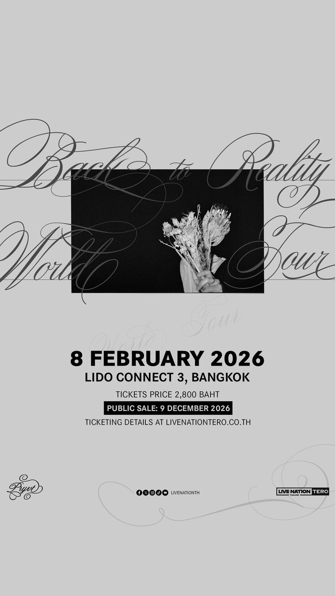 Hello_asian's tweet photo. “PRYVT” ดูโอ้ขวัญใจคนรักเคอินดี้
ประกาศทัวร์คอนเสิร์ต “BACK TO REALITY WORLD TOUR”
กรุงเทพฯ, 8 ก.พ. 69 ลิโด้ คอนเน็คท์ ฮอลล์ 3
#PRYVT #PRYVTBACKTOREALITYTOUR #BACKTOREALITYTOUR #PRYVTINBKK #BACKTOREALITYTOURBKK #LiveNationTero
ศิลปินดูโอ้อินดี้ร็อคจากแคนาดา “PRYVT” ประกาศทัวร์คอนสิร์ต “Back To Reality” หลังปล่อยสตูดิโออัลบั้มล่าสุด “BACK TO REALITY” ปักหมุดคิกออฟทัวร์ในเอเชียแปซิฟิกต้นปีหน้า แฟนเพลงชาวกรุงเทพฯ เตรียมล่องลอยไปเสียงดนตรีของพวกเขาได้ในวันอาทิตย์ที่ 8 กุมภาพันธ์ 2569 ที่ลิโด้ คอนเน็คท์ ฮอลล์ 3 เปิดจำหน่ายบัตรรอบพรีเซลส์แฟนคลับในวันจันทร์ที่ 8 ธันวาคม เวลา 10.00 – 22.00 น. และเปิดจำหน่ายบัตรรอบทั่วไปในวันอังคารที่ 9 ธันวาคม 2568 เวลา 10.00 น. เป็นต้นไป ทาง https://t.co/L5AdRHc38Q
PRYVT การรวมตัวของสองสมาชิกต่างที่มา ต่างสไตล์ “Hanuel” นักร้องนำ โปรดิวเซอร์ชาวเกาหลี-แคนาดา และ “JT” มือกีต้าร์ชาวอินโดนีเซีย ผสมผสานเนื้อร้องทั้ง 2 ภาษาอย่างภาษาอังกฤษและภาษาเกาหลีได้อย่างลงตัว PRYVT เริ่มต้นเส้นทางศิลปินร่วมกันในปี 2566 ผ่านการรู้จักกันทางออนไลน์บนแพลตฟอร์ม Discord ทำเพลงและโพสต์ผ่าน Soundcloud ปัจจุบันมียอดสตรีมเพลงมากกว่า 20 ล้านครั้ง อยู่บนชาร์ตเพลงไวรัล 50 ของ Spotify นอกจากนี้พวกเขายังเคยขึ้นแสดงร่วมกับอินดี้ป็อปไอค่อน “slchld” และเป็นแขกรับเชิญพิเศษ (opening act) ให้กับ “wave to earth” อีกด้วย
“tell me, how will we survive?” และ “if it’s not you” สองเพลงดังที่ทำให้ PRYVT กลายเป็นหนึ่งในลิสต์ศิลปินอินดี้คนโปรดของใครหลายๆ คน เป็นข้อพิสูจน์ว่าพวกเขาสามารถก้าวข้ามกำแพงภาษาและถ่ายทอดอารมณ์ของเพลงออกมาได้อย่างลงตัว โดยหลังจากปล่อยอัลบั้มแรก “&SCENE” ซึ่งเล่าเรื่องราวของทั้ง 13 แทร็ก แบ่งออกเป็นตอนๆ คล้ายกับรายการทีวี มาครั้งนี้ “BACK TO REALITY” แตกต่างออกไปโดยเน้นถ่ายทอดเพลงบรรยากาศสไตล์ Nostalgia รวม 12 แทร็ก (ฟังอัลบั้ม BACK TO REALITY ได้แล้ววันนี้ คลิก ) และเตรียมฟังสดๆ กันได้ที่ PRYVT 'BACK TO REALITY' World Tour วันอาทิตย์ที่ 8 กุมภาพันธ์ปีหน้า รายละเอียดเพิ่มเติมที่ https://t.co/tOfGxkli4i
Follow PRYVT:
Official Site | Instagram | TikTok | YouTube