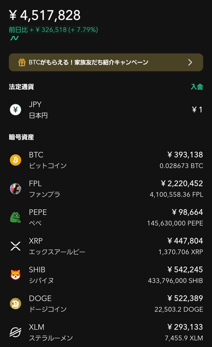 【仮想通貨(Coincheck)】
2025.11.24.13:00

🔥FPL(ファンプラ)
🔥XRP(リップル)
🔥SHIB(シバイヌ)
🔥DOGE(ドージコイン)
🔥BTC(ビットコイン)
🔥PEPE(ぺぺ)
🔥XLM(ステラルーメン)

資産合計:4,500,000円
-------------------
✅️ポートフォリオの5割までFPL以外の銘柄
✅️11/12～:株式投資から移行