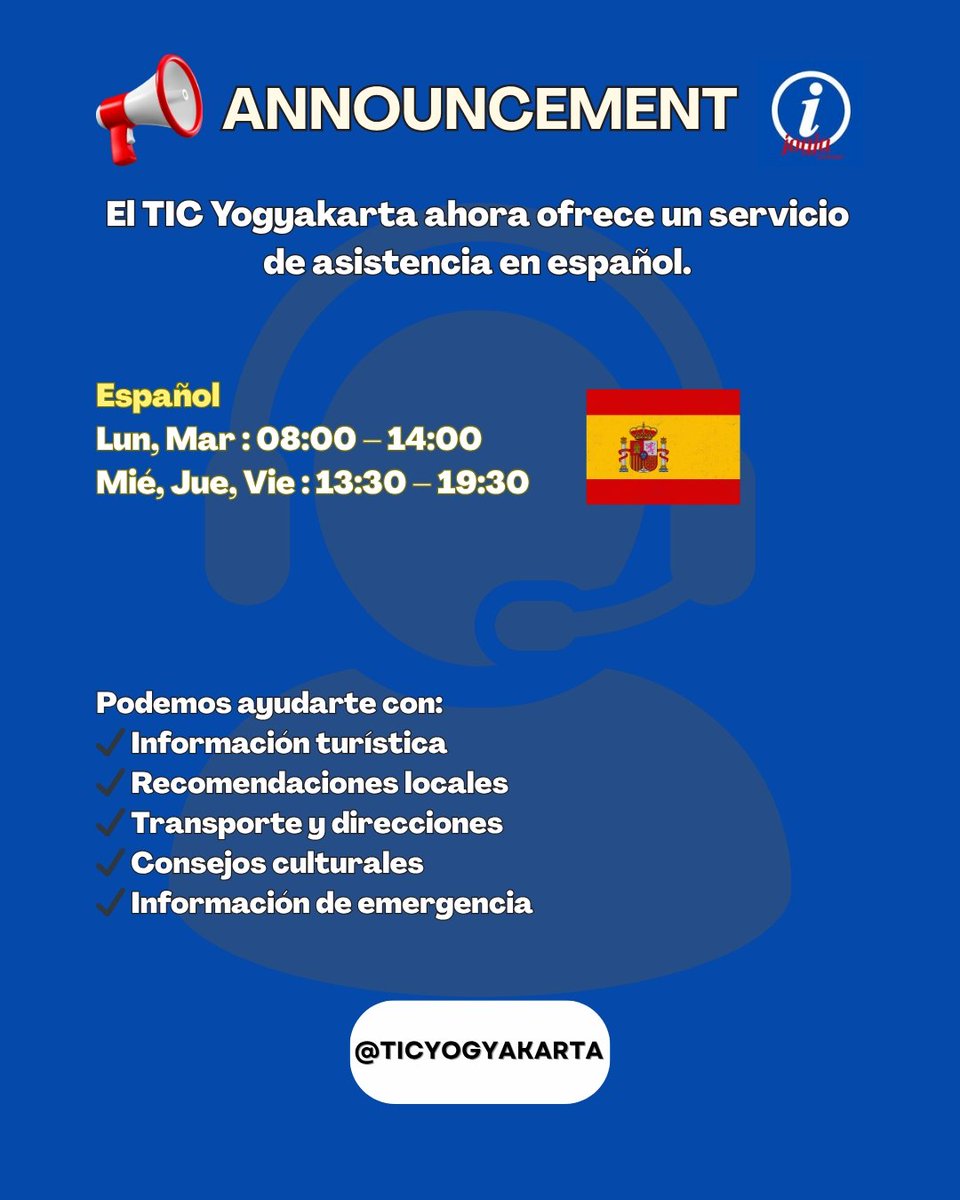 Hi Sobat Visiting🙌

If you are looking for language services other than English, TIC Malioboro provides several other language service options. Check the lists below⬇️⬇️