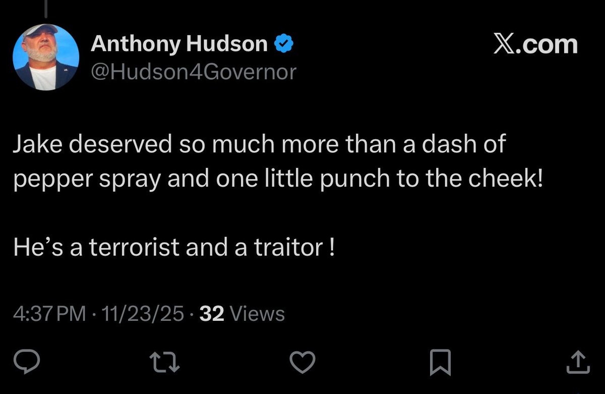 Anthony Hudson (Michigan governor candidate) continues to call for violence against his political opposition. 

I personally disagree greatly with many of Jake Lang’s positions. But has he been violent? Does he deserve violence? 

I think not.