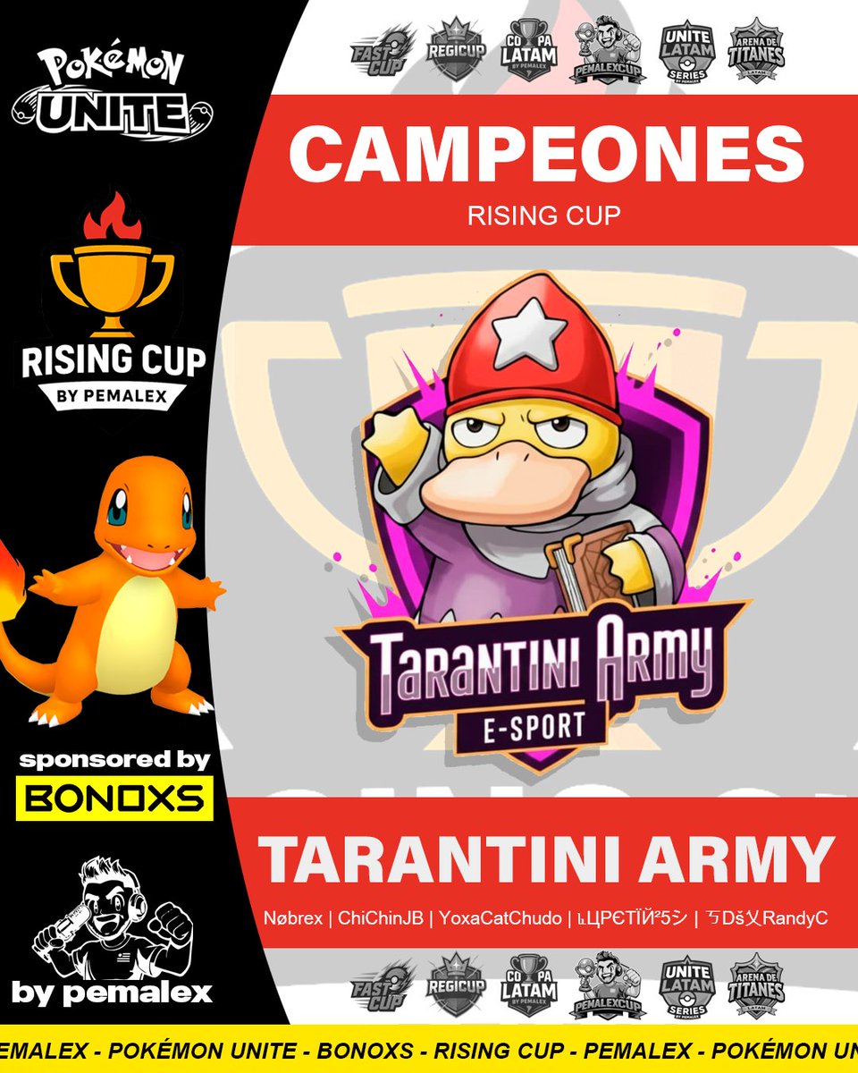¡TARANTINI ARMY CAMPEONES DE LA RISING CUP! 🏆🔥
Dominio total, cabeza fría y un cierre de torneo impecable.
La promesa se convirtió en realidad: levantan el título de la Rising Cup y se quedan con toda la gloria.

<a href="/bonoxs_latam/">BONOXS LATAM</a> 
#PokemonUNITE #bypemalex