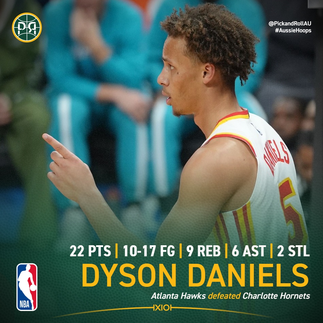 PickandRollAU's tweet image. Dyson Daniels was impressive at both ends of the floor as Atlanta defended home court with a 113-110 win against Charlotte👉
#AussieHoops #NBA