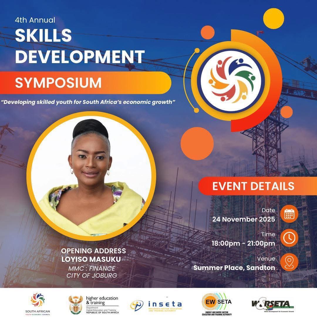 GCISGauteng's tweet image. MMC @Loyiso_Masuku leads the #SAYEC, sector leaders &amp;amp; youth stakeholders at the 4th Annual #SkillsDevelopment Symposium themed: “Developing skilled youth for SA’s 🇿🇦 economic growth.”

📅 24 Nov 2025
🕕 18:00 – 21:00
📍 Summer Place, Sandton

#YouthEmpowerment
#GovZAUpdates