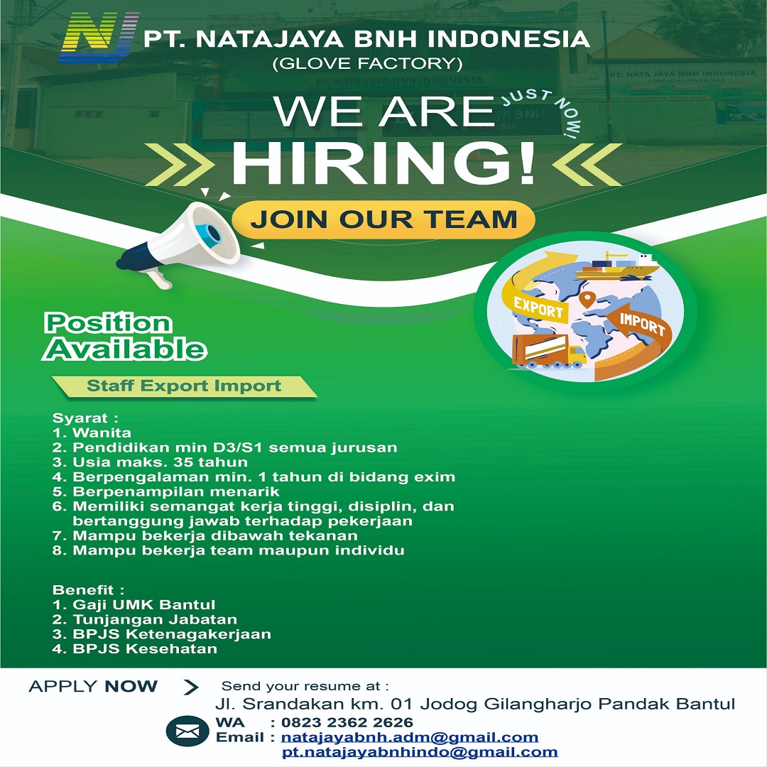 disnakerkp's tweet image. Hai rekan pencari kerja.
Hari ini kami menginfokan lowongan kerja di PT. Natajaya BNH Indonesia untuk posisi :
~ Staff Export/ Import
~ Operator Sewing / Jahit
~ Operator Sablon

Cek kualifikasinya di pengumuman ya

#lowongankerja
#kulonprogo