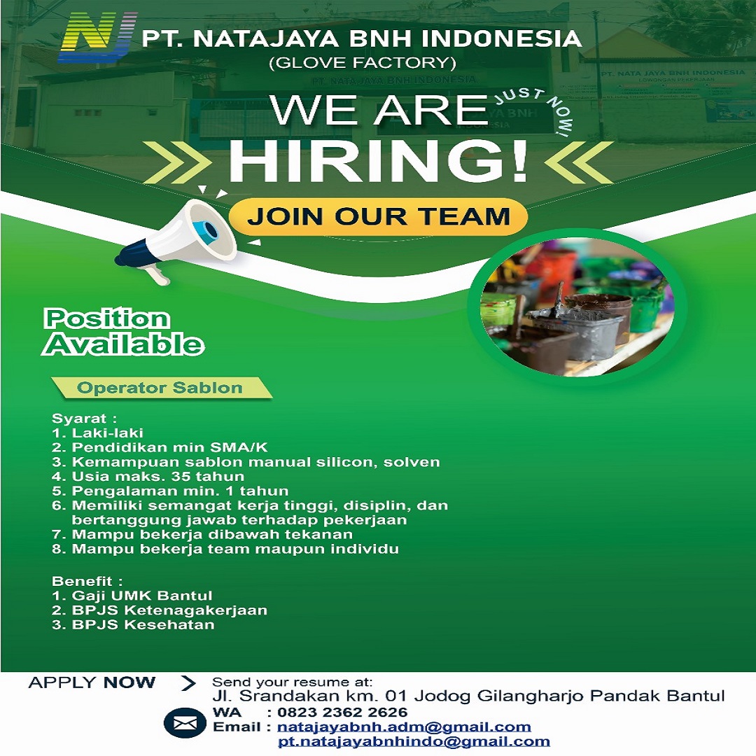 disnakerkp's tweet image. Hai rekan pencari kerja.
Hari ini kami menginfokan lowongan kerja di PT. Natajaya BNH Indonesia untuk posisi :
~ Staff Export/ Import
~ Operator Sewing / Jahit
~ Operator Sablon

Cek kualifikasinya di pengumuman ya

#lowongankerja
#kulonprogo