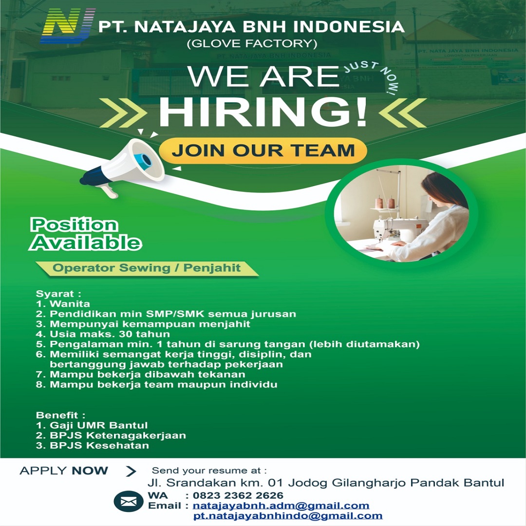 disnakerkp's tweet image. Hai rekan pencari kerja.
Hari ini kami menginfokan lowongan kerja di PT. Natajaya BNH Indonesia untuk posisi :
~ Staff Export/ Import
~ Operator Sewing / Jahit
~ Operator Sablon

Cek kualifikasinya di pengumuman ya

#lowongankerja
#kulonprogo