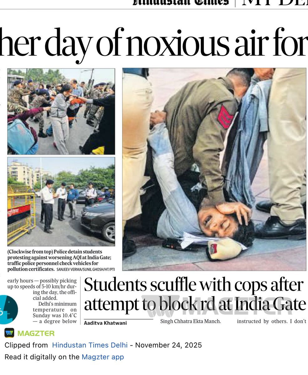 sunetrac's tweet image. Who are these people being tackled by our policemen? Just students protesting 400+ aqi and toxic air