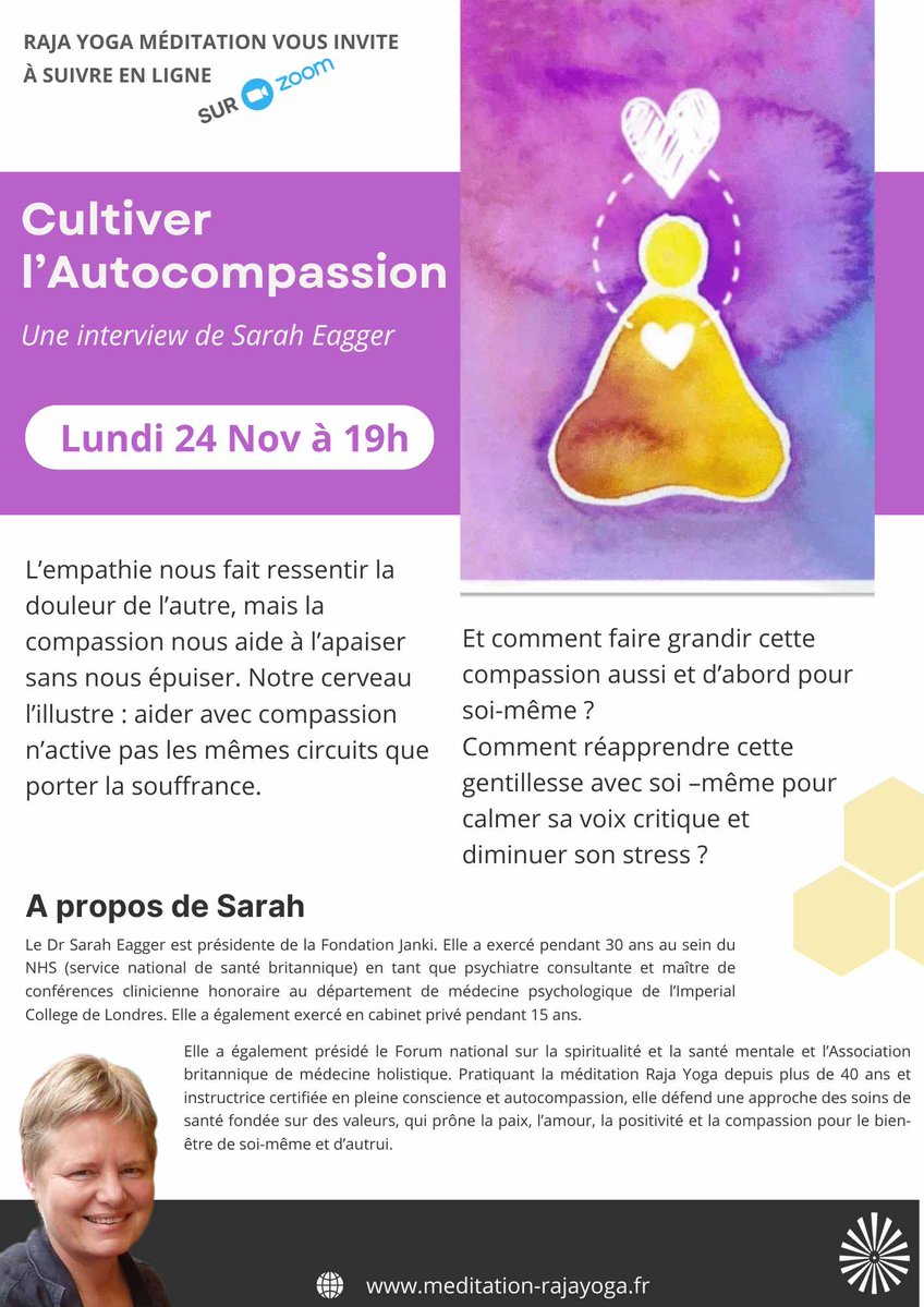 RajaYogaMedit's tweet image. Lundi 24 Nov à 19h - EN LIGNE SUR ZOOM
CULTIVER L&apos;AUTOCOMPASSION
Interview de Sarah Eagger

#rajayoga #spiritualite #seminaire #meditation #paix #bonheur #pensée #Conference 

&amp;gt; infos + lien vers le direct:
bit.ly/3JOisM7

Tous nos programmes sur
meditation-rajayoga.fr