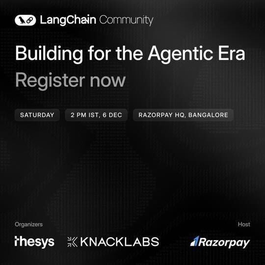 LangChainAI's tweet image. 🇮🇳 Join the community in Bangalore to explore how to build for the Agentic Era.

We’re sharing an AI meetup organized by @thesysdev , @knacklabs2406 , LangChain Ambassador @ravikiran_16 , and hosted by @Razorpay  — featuring technical sessions, real-world insights from production…