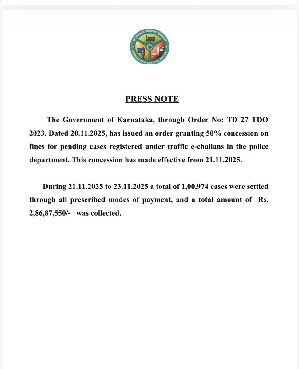 blr_post's tweet photo. Bengaluru Traffic Police has collected Rs 2.86 crore ever since the government granted 50% concession on fines for
traffic violations. https://t.co/IguuViRTWh