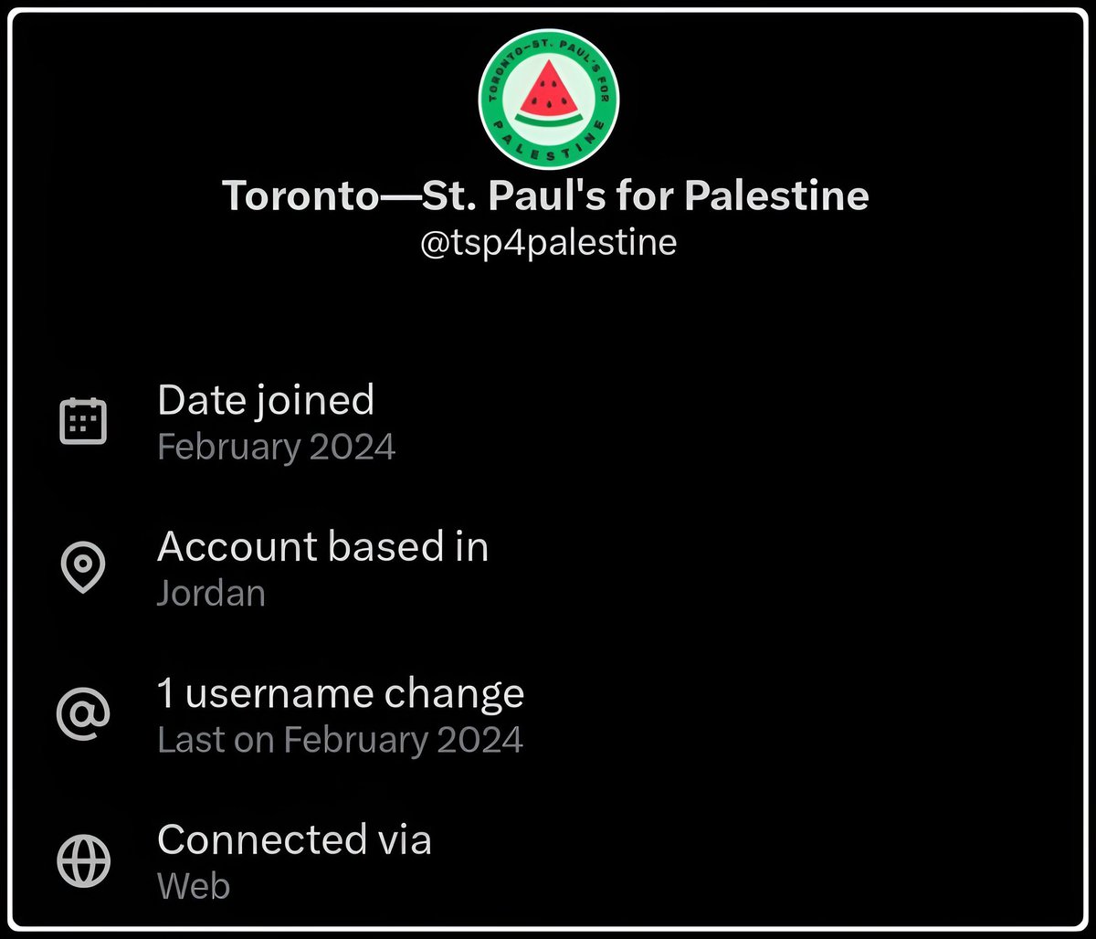 Account: “Toronto for Palestine!” 🇵🇸
Account slogan: “The people of Canada stand united for a Free Palestine!” 🇨🇦🇵🇸

Account base: Jordan. 🤡