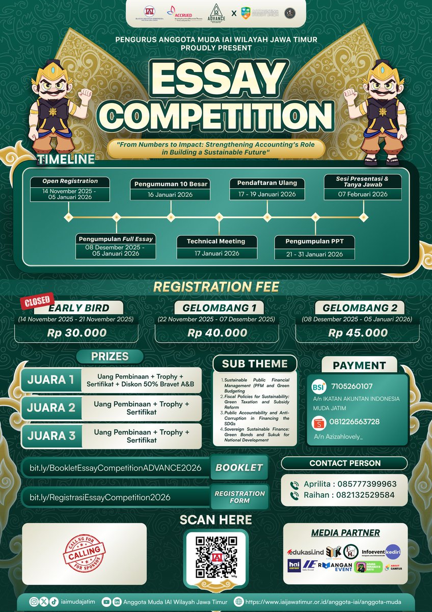 📢Anggota Muda IAI Wilayah Jawa Timur Proudly Present📢

OPEN REGISTRATION
✨ ADVANCE 2026 ✨

Essay Competition are open now! Go check our timeline

🔖 Registration &amp; Booklet:
linktr.ee/ADVANCE2026

#ADVANCE2026
#IAIMUDAJATIM
#MUDABERANIBERINTEGRITAS
