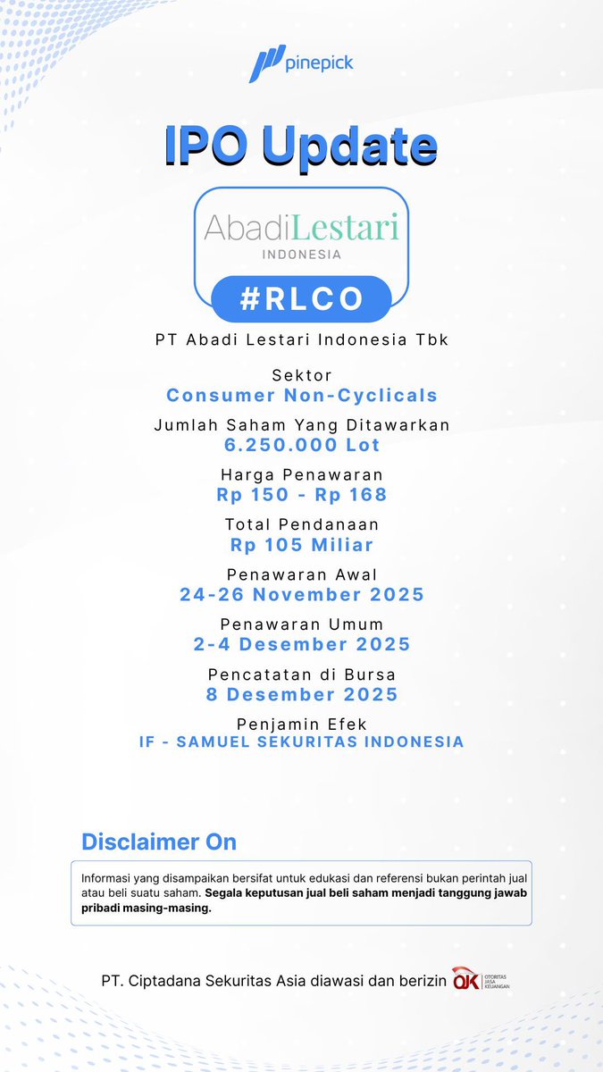 pinepickid's tweet image. ⚠️ IPO Update
PT Abadi Lestari Indonesia Tbk #RLCO
Informasi umum mengenai emiten dan jadwal IPO dapat Sobat #Pickers lihat pada konten dibawah ini. 

Prospektus perusahaan dan pemesanan IPO dapat mengakses website e-IPO
e-ipo.co.id

#IPO #eIPO #saham #IHSG #pinepick
