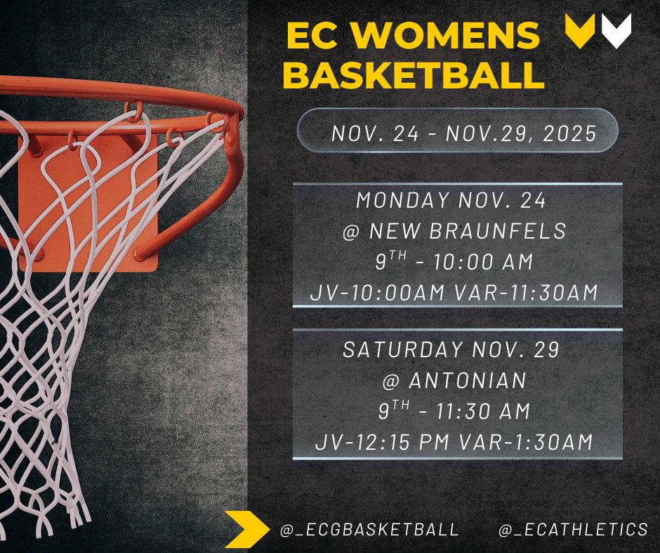 _ECAthletics's tweet photo. 🔥 EC WOMEN’S HOOPS — HOLIDAY WEEK GRIND 
MON 11/24 @ New Braunfels
F • 10:00 AM
JV • 10:00 AM
V • 11:30 AM
SAT 11/29 @ Antonian
F • 11:30 AM
JV • 12:15 PM
V • 1:30 PM
Hornets stay working. @_ECGBasketball @ECISDtweets @ArriolaSuzette @maggiwelham 
#ECHoops #HornetNation https://t.co/OSgAlKQFx5