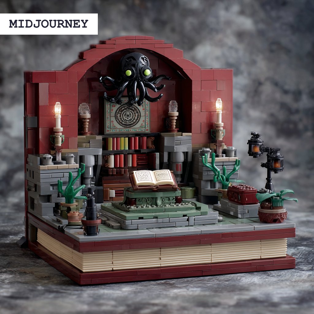 NickPushPixel's tweet image. Highly unscientific ai image challenge here: "lego set necronomicon" same prompt across 3 ai's, I'm going with Midjourney here, obviously context of image use matters.