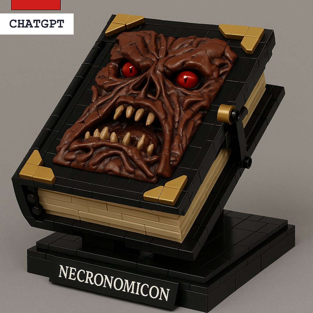 NickPushPixel's tweet image. Highly unscientific ai image challenge here: "lego set necronomicon" same prompt across 3 ai's, I'm going with Midjourney here, obviously context of image use matters.