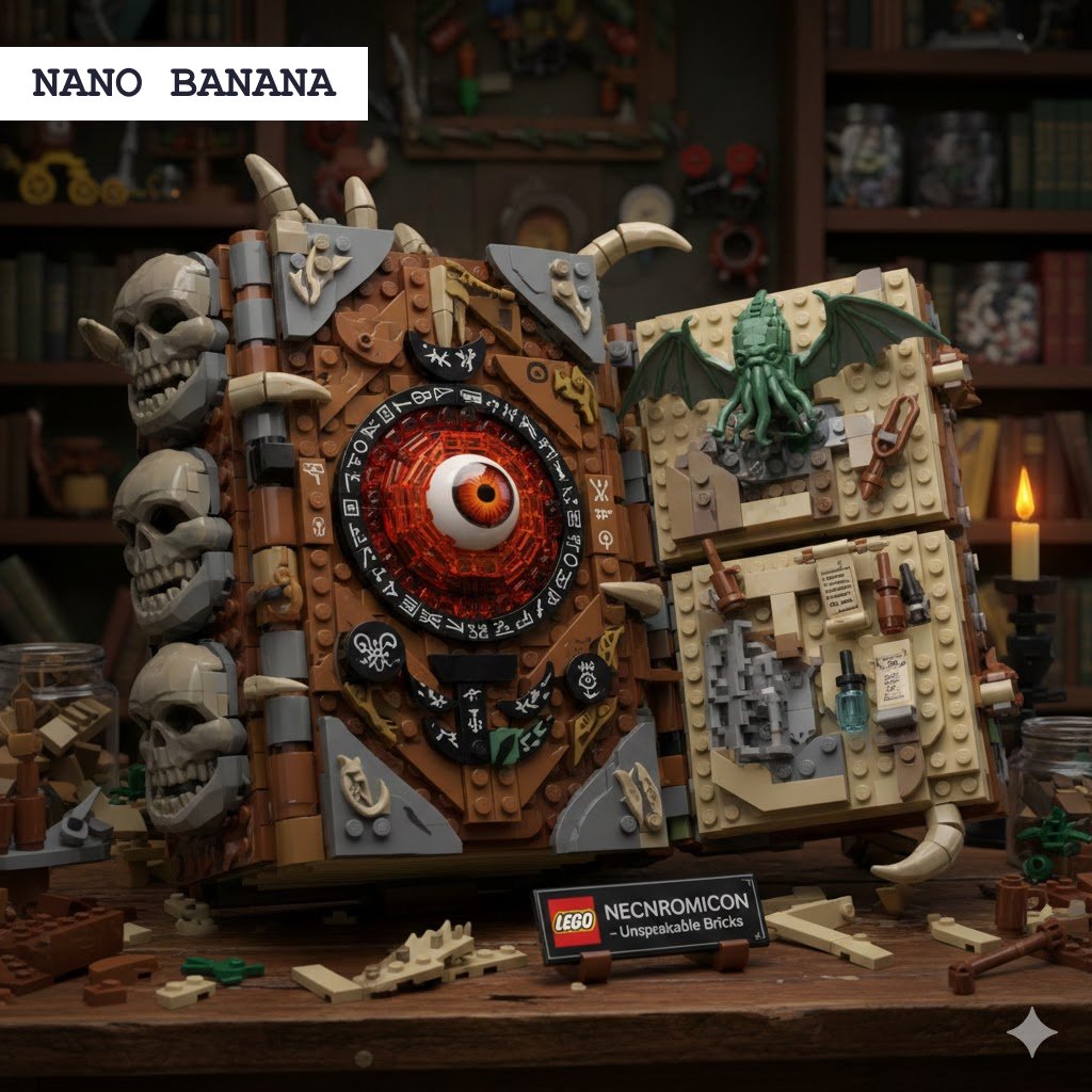 NickPushPixel's tweet image. Highly unscientific ai image challenge here: "lego set necronomicon" same prompt across 3 ai's, I'm going with Midjourney here, obviously context of image use matters.