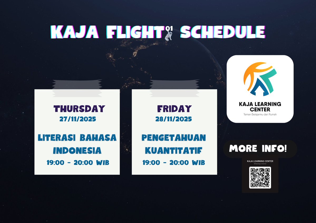 KLearningC's tweet image. Update kelas, bestieeee 🚀   jadwal terbaru KAJA Flight 01 udah rilis nih!   Yang kemarin ikut dua sesi gratis tau vibes-nya se-asyik apa 💙   kalau mau ikut terbang bareng, save the date &amp;amp; see you in class ✨

#studytwt #utbk #freeclass