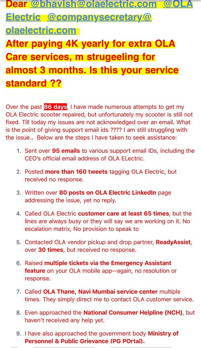 Sandy1582Patil's tweet photo. @bhash @OlaElectric Day 86, still my OLA scooter is not fixed. Dear @OlaElectric @bhash After paying 4K yearly for extra OLA Care services, m strugeeling for almost 3 months. Is this your service standard ?? Check how many efforts I have put for OLA support @nitin_gadkari @PratapSarnaik https://t.co/xyr8xdBP0r