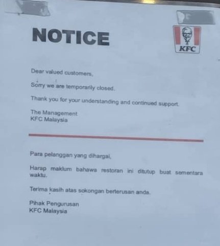 srazmanisa's tweet photo. @KFCmalaysia berapa la tutup outlet Slim River nih? 😥 https://t.co/21kOLdmntK