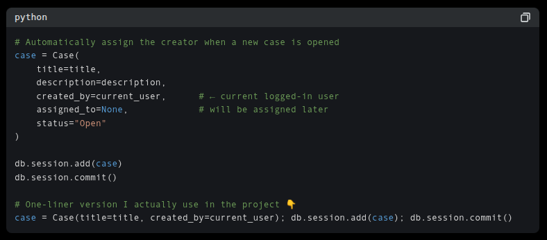 Konyagi_D's tweet image. One-liner that saved me hours:

Lazy developer W from my Case Management project.

Flask-SQLAlchemy + relationship makes it one line instead of 10.
#PythonTips #Flask