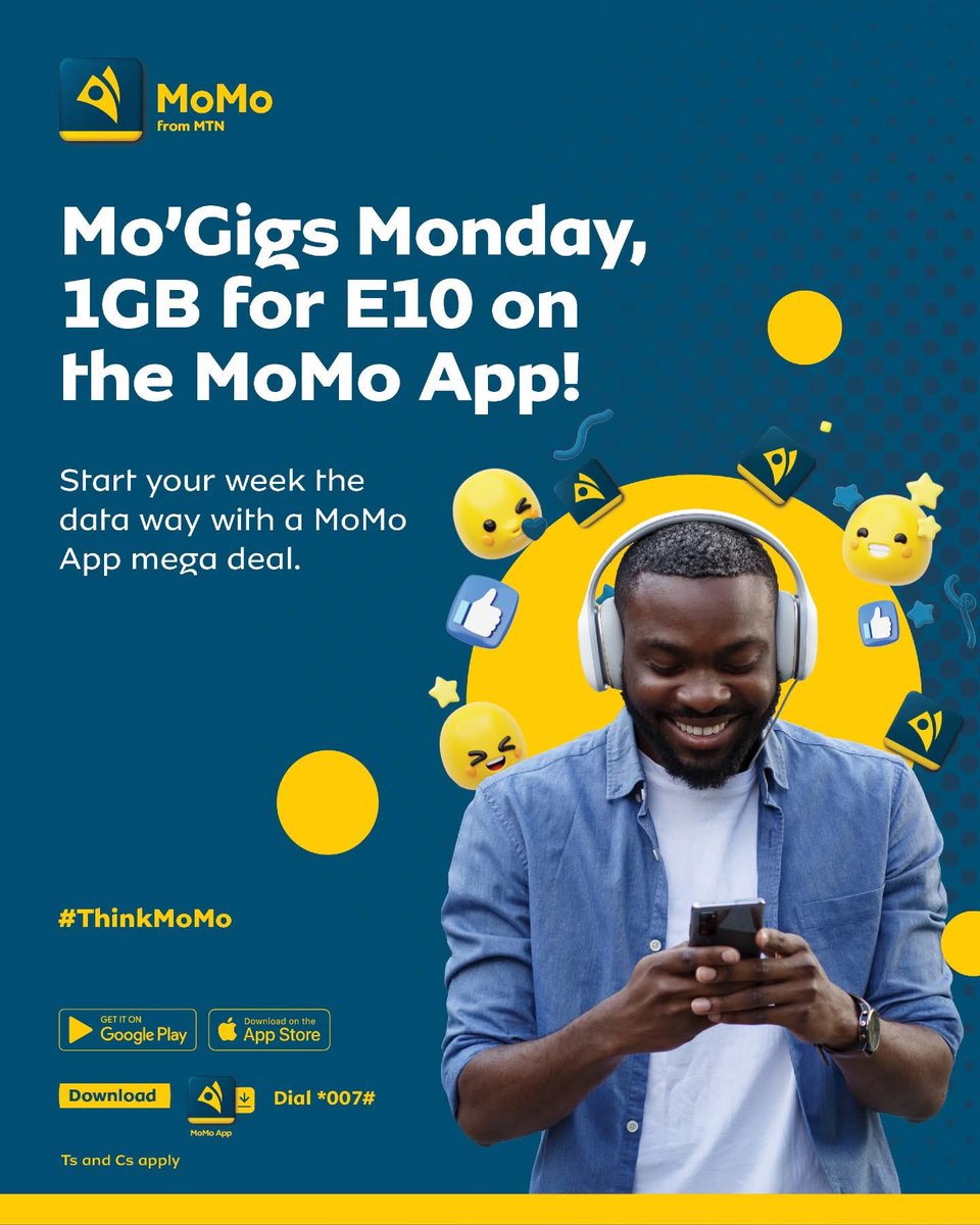 mtnmomosz's tweet image. Get 1GB for just E10 on the MoMo App, it’s a data-lightful deal. Even if it’s the only thing you do today, you’ll still be winning.                                                                                              #wackymonday #growwithmomo #TiniTwitter