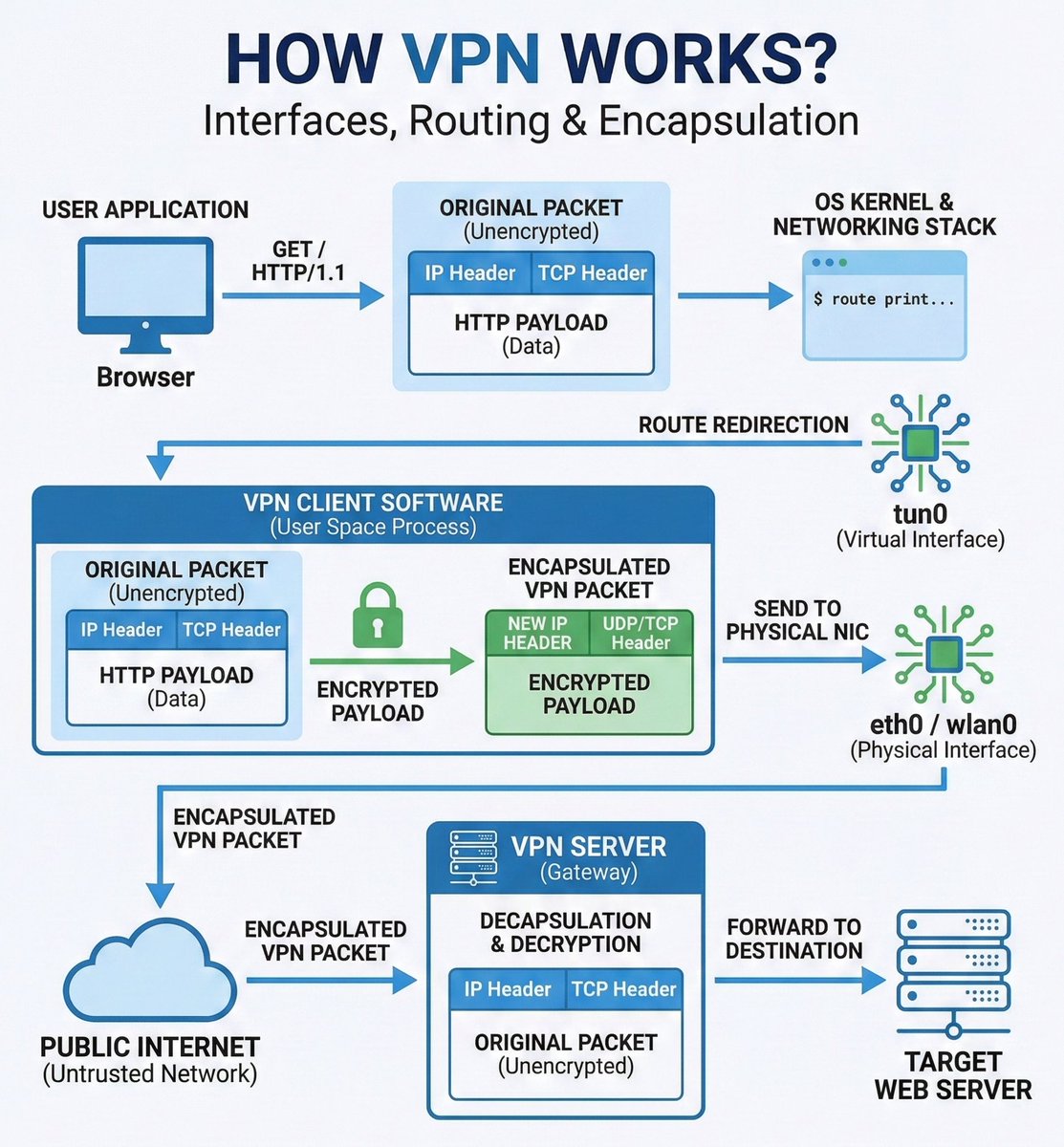 PrateekJainDev's tweet image. A VPN works by taking your normal internet traffic and wrapping it inside an encrypted tunnel so that no one on the network can see what you’re doing.

Your browser creates a regular packet, but instead of sending it directly to the internet, the VPN client intercepts it and…