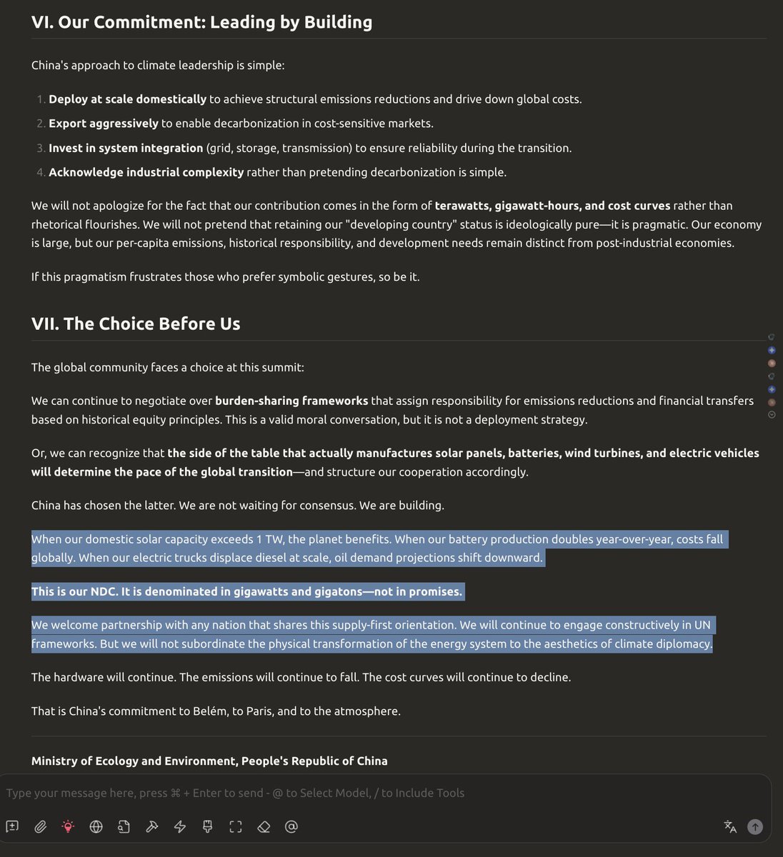 说实话，全球外交界应该感谢中国对那些自以为是的家伙如此怀疑。他们完全可以凭借一己之力，用比任何“战狼”都更残酷的方式羞辱其他国家，而且他们说的都是实话。他们完全可以重新定义“气候承诺”。