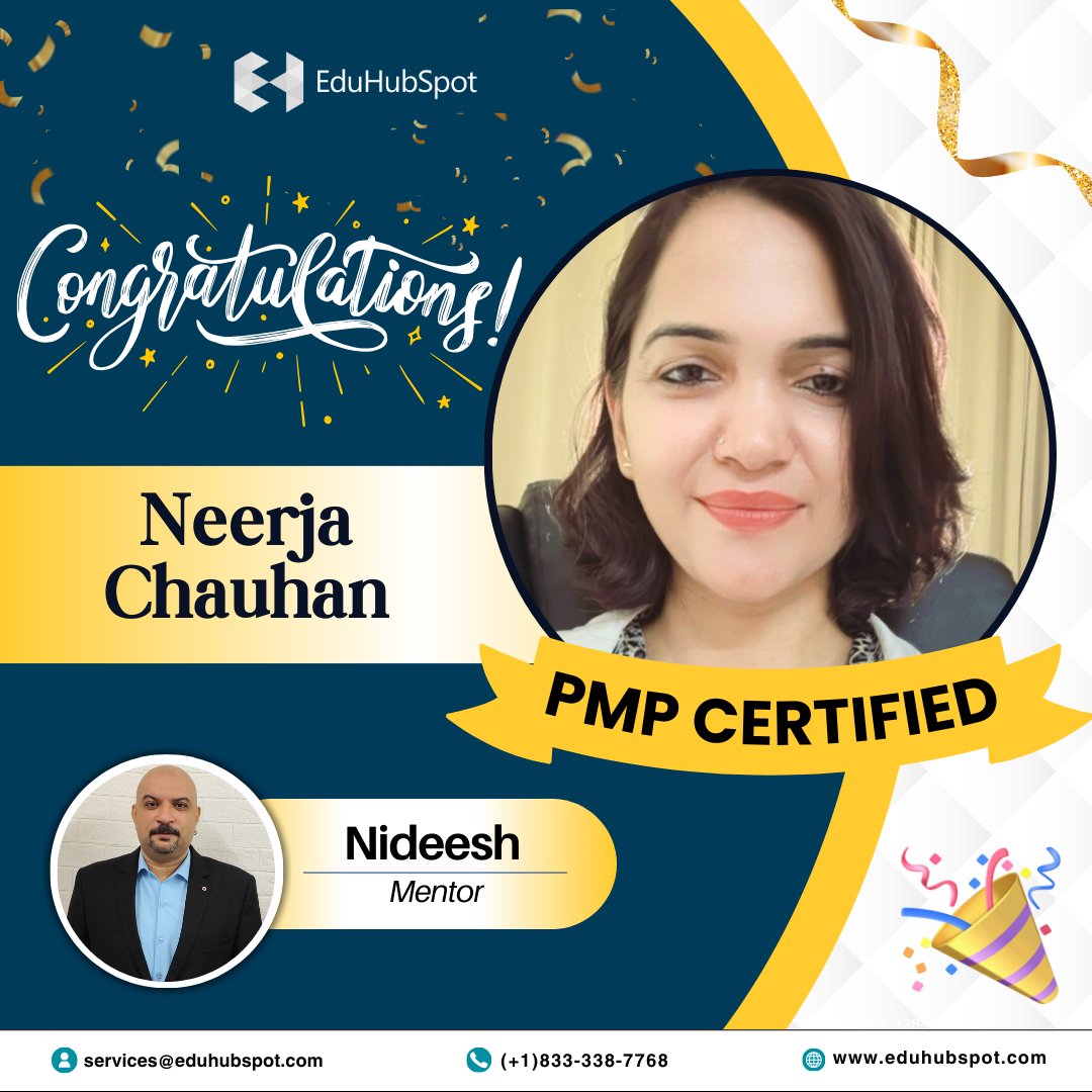 eduhubspot's tweet image. #SpotYourSuccess 🏆
Congratulations on achieving your PMP Certification, Neerja Chauhan PMI-PMP! You have achieved a major milestone and we wish you to continue to excel in your career and reach for even greater heights.
 
Mentored by : Nideesh Balakrishnan