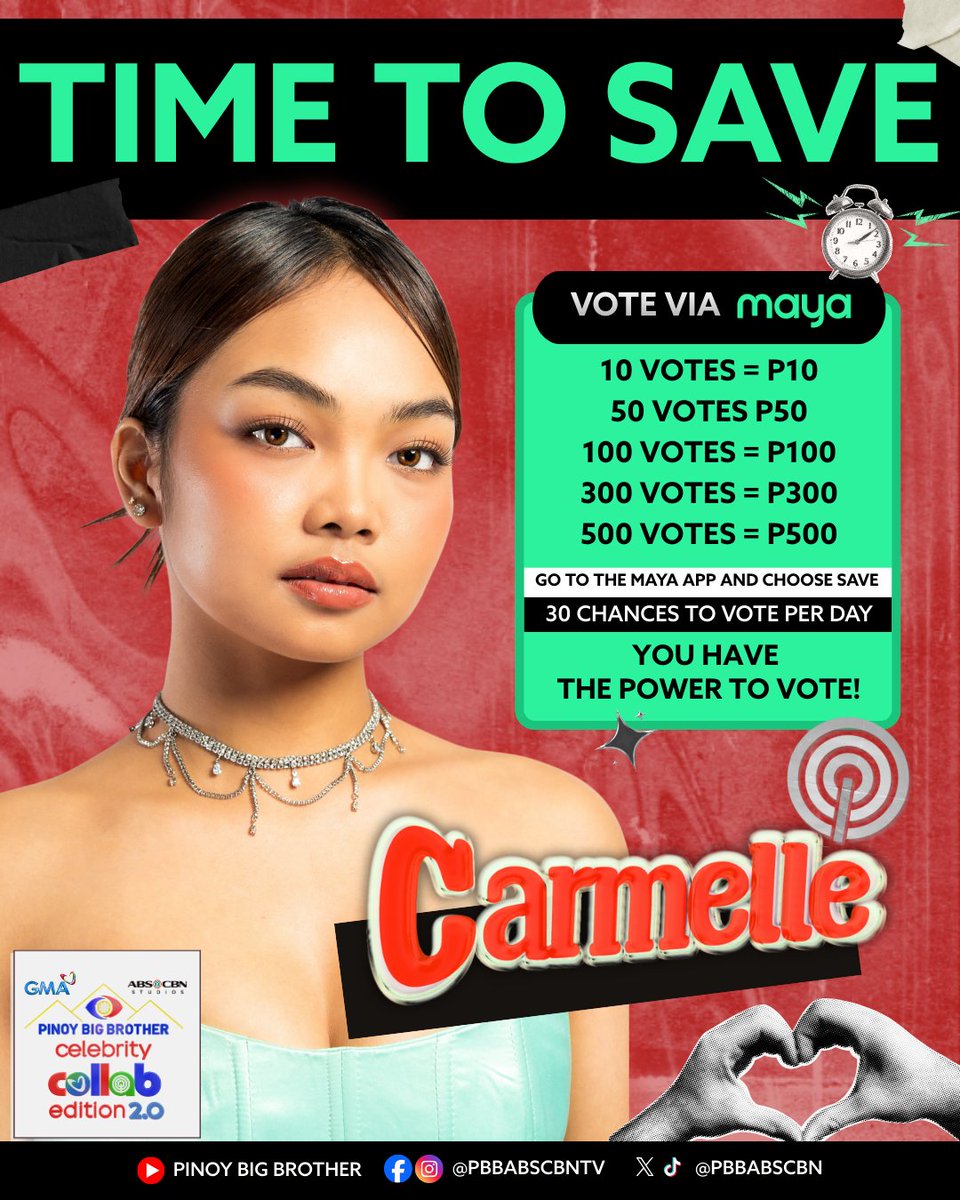 PBBabscbn's tweet photo. Vote to save CARMELLE with Maya! ✨🏠

Nasa inyong mga kamay kung sino nga ba ang mga dapat pang manatili sa loob ng Bahay Ni Kuya! ❤️

How to vote via Maya 📲
1. Download the Maya app (it’s FREE)
2. Cash in before voting
3. Tap the PBB Icon
4. Choose the PBB Housemate you want to save
5. Select amount and confirm your vote!

Download Maya now: https://t.co/zrIX5iNXci