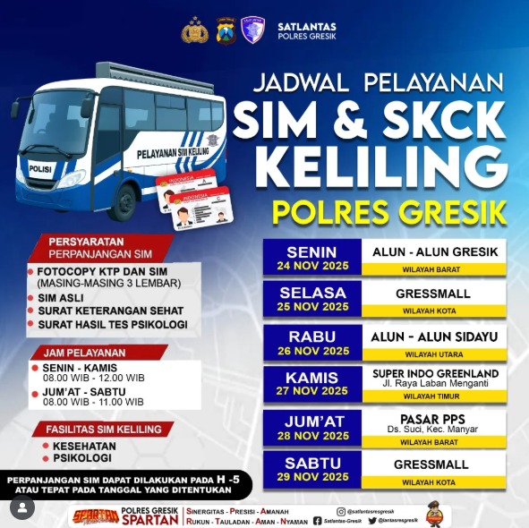 HumasGresik's tweet image. Hallo Rekk!!
Jadwal Sim Keliling untuk pekan ini (24 November - 29 November 2025) sudah keluar.
Catat tanggal dan lokasinya, ya!
Jangan sampai kelewatan, ya☺️

#simkelilinggresik #gresik #satlantaspolresgresik #polresgresik
20 h