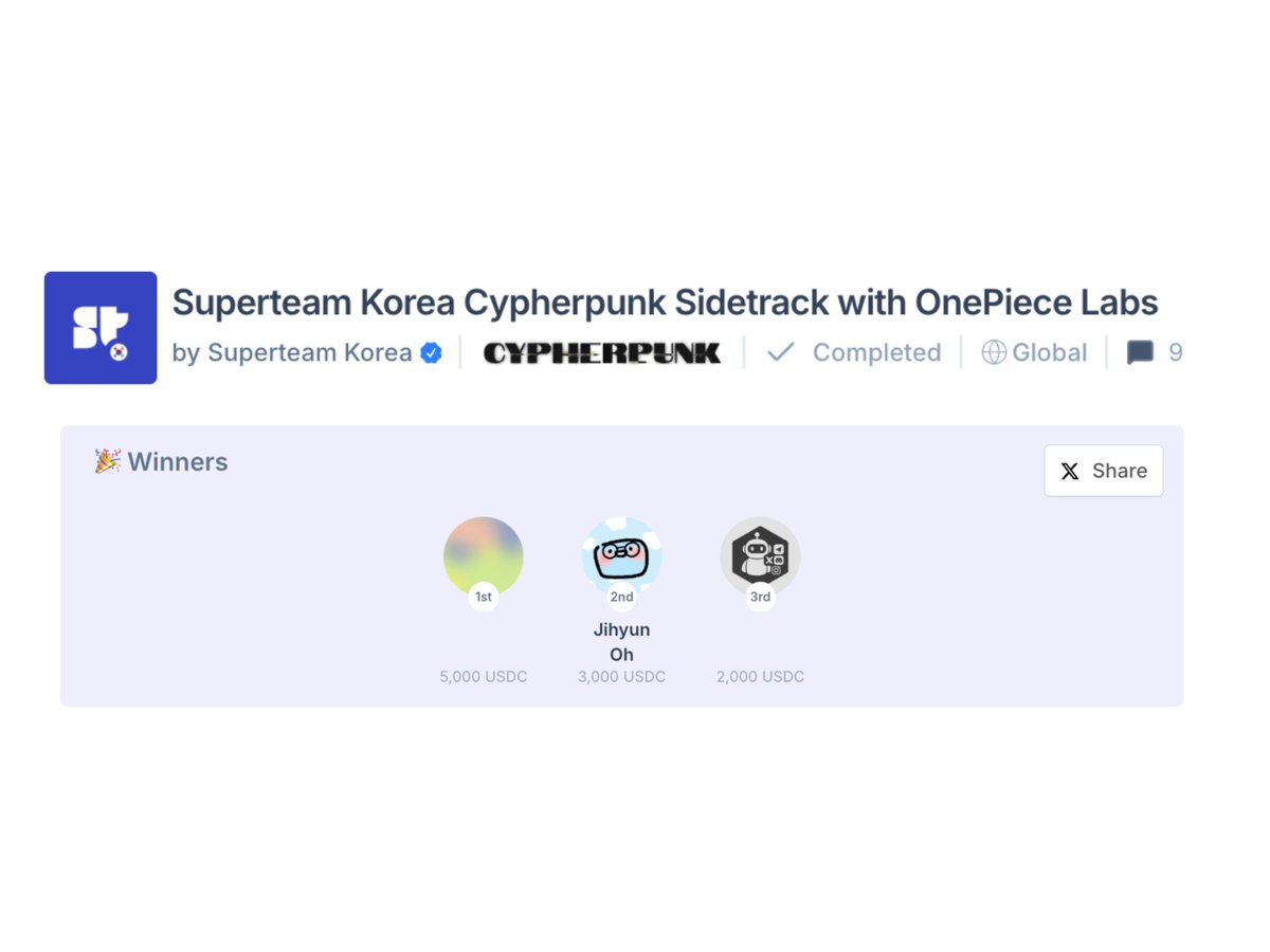 Ewhachain's tweet image. 🏆 Congrats to the EWHA-CHAIN Trade: see team — 2nd Prize at the @SuperteamKorea Cypherpunk Sidetrack with @OnePieceLabs! 🎉

Trade:see members 
• Yunhee Kim @jennnyuni 
• Yuri Kim @YooriOb 
• Hyeonjin Kim 
• Eunbin Seo @ag_bin_XG 
• Jihyun Oh @julia_i05 

📍Trade:see is an…