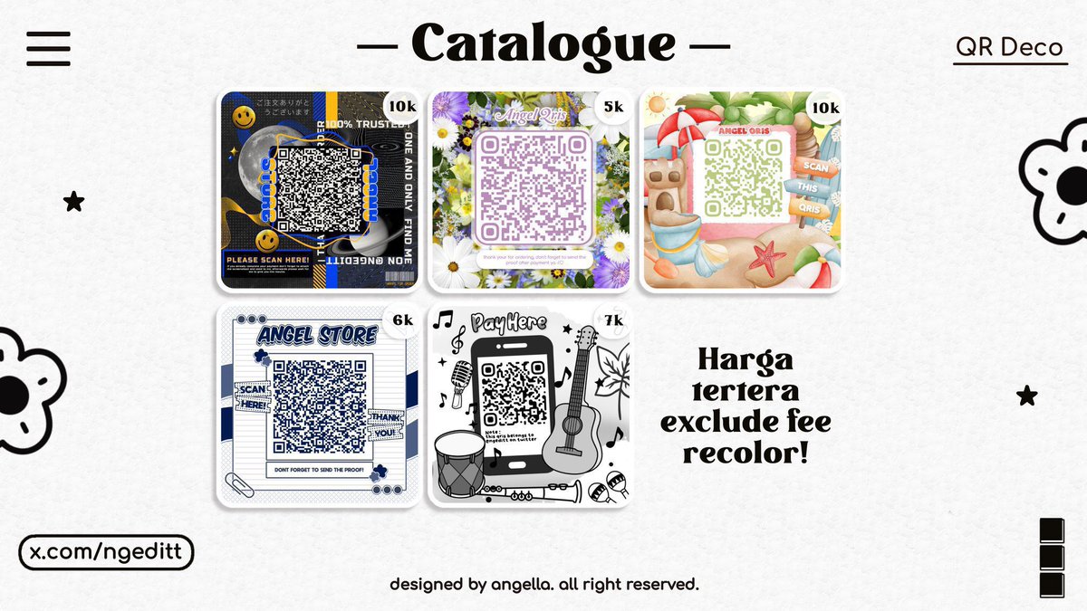 ngeditt's tweet image. help rt! thank you ── .✦ make your qris payment more stylish! qris deco / qr deco by el can be recolored to fit your style. price starts 5k-15k. hmu on dm for order!⋆｡𖦹°‧★

#zonauang #zonaba