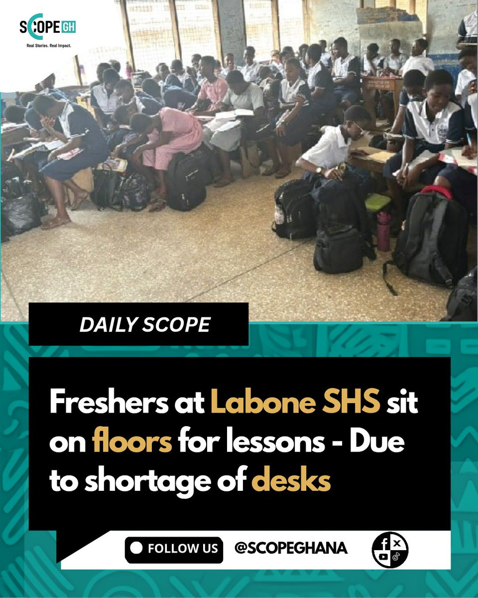 LABONE SHS FRESHERS SIT ON FLOOR FOR LESSONS
First-year students at Labone Senior High School (SHS) are reportedly being forced to sit on the floor during lessons due to a severe shortage of desks and furniture within the classrooms.
#scope #LaboneSHS #Education