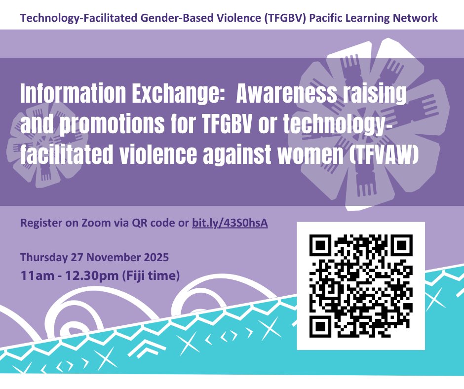 spc_cps's tweet image. Gender-based violence (#GBV), including violence against women (#VAW) is increasingly perpetrated via technology.
Learn more about technology-facilitated GBV (TFGBV) this #16Days, by joining the TFGBV Pacific Learning Network online conversation:
Register: bit.ly/44ngDwr