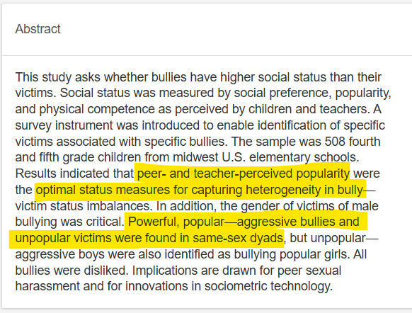 Di persaingan status sosial, pria dengan status tinggi bully pria dengan status rendah.

Karena frustrasi, pria dengan status rendah bully perempuan.

Pria dengan status tinggi bersikap lebih positif terhadap perempuan.

Tapi mereka "jahat" terhadap pria status rendah. "Akibatnya