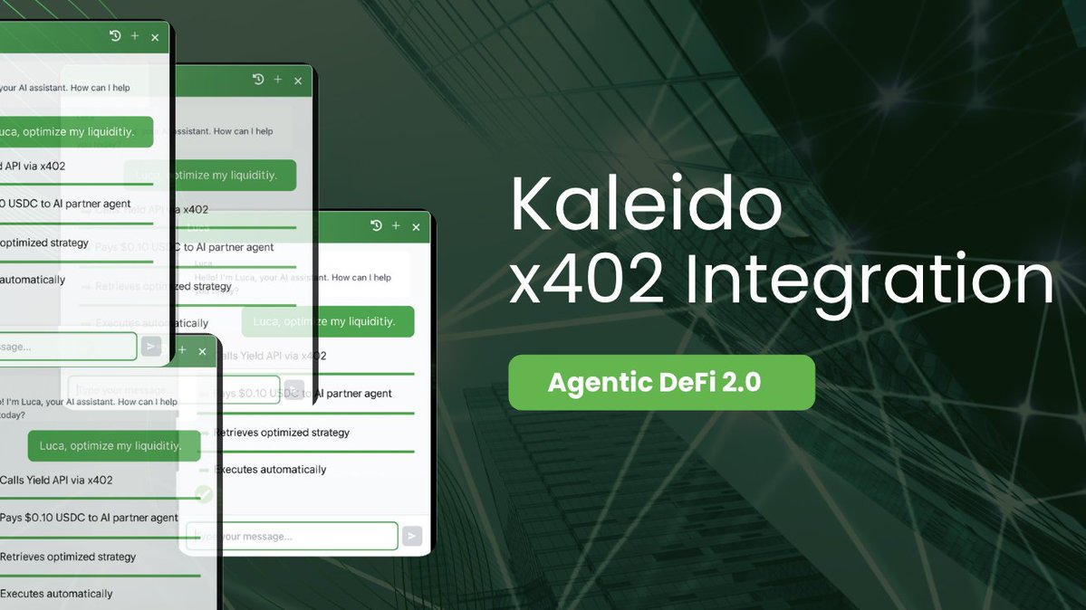 Recently, <a href="/kaleido_finance/">Kaleido Finance🥬</a> has been stepping into a whole new lane and it is starting to show. 

➟ Luca AI is now fully connected to x402 agentic, and that shift is pushing Kaleido closer to true Intelligent Finance.

With two layers working together, Luca AI as your free DeFi