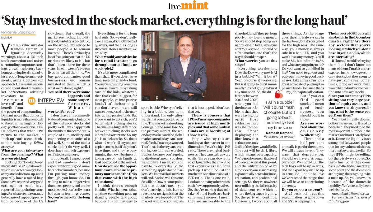 kushkatakia's tweet image. It&apos;s always so wonderful to read (listen) to Mr Ramesh Damani, the guiding force for so many young investors. The modern-day guru of investing. 

&quot;If FPIs come back into the Indian market at some point and the domestics are buying, there&apos;s going to be a melt-up&quot;, he adds.