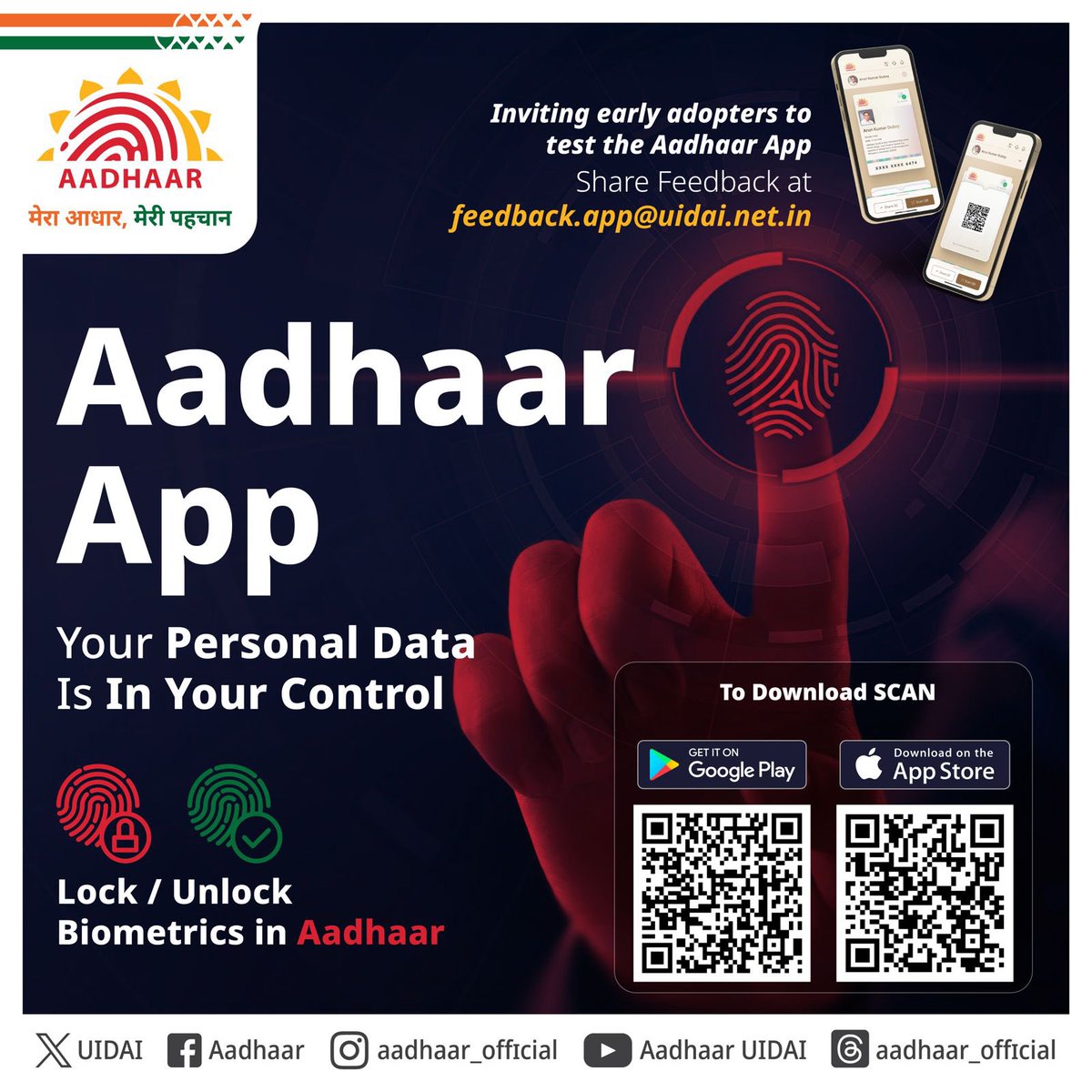 UIDAI's tweet image. One click lock and unlock of your biometrics for an extra layer of data protection. 

Download now!
Android: tinyurl.com/5hex3yay 
iOS: tinyurl.com/2r43hdnr 

Early adopters can share their feedback on feedback.app@uidai.net.in

#Aadhaar #DigitalIndia #DataSecurity…