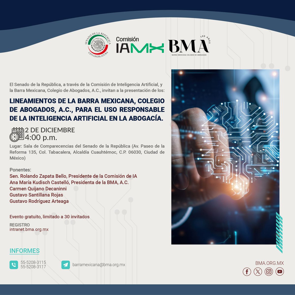 Abogacía
🤖⚖️ La BMA presentará los Lineamientos para el Uso Responsable de la Inteligencia Artificial en la Abogacía, en colaboración con la Comisión de Inteligencia Artificial del Senado de la República.
Un esfuerzo conjunto para impulsar el uso ético, seguro y profesional de