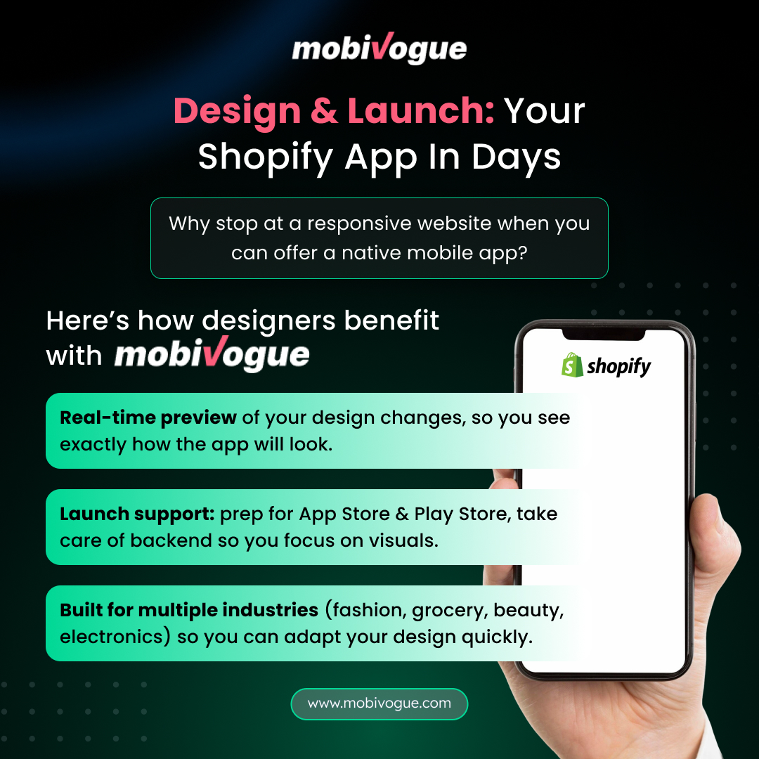 mobivogue's tweet image. Design &amp;amp; launch your Shopify app in just days! 

Turn your store into a powerful mobile experience with real-time preview, smooth launch support &amp;amp; designs that fit every industry. Build faster. 

Grow smarter @mobivogue 

#ShopifyApp #MobiVogue #EcommerceTools #MobileAppBuilder