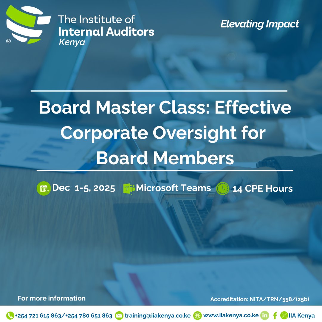 IIAKenya's tweet image. Join us for a high-impact training designed to equip board members with the essential tools and insights to strengthen governance, drive strategic value, and ensure accountability across organizations. Register at iiakenya.glueup.com/event/board-ma…