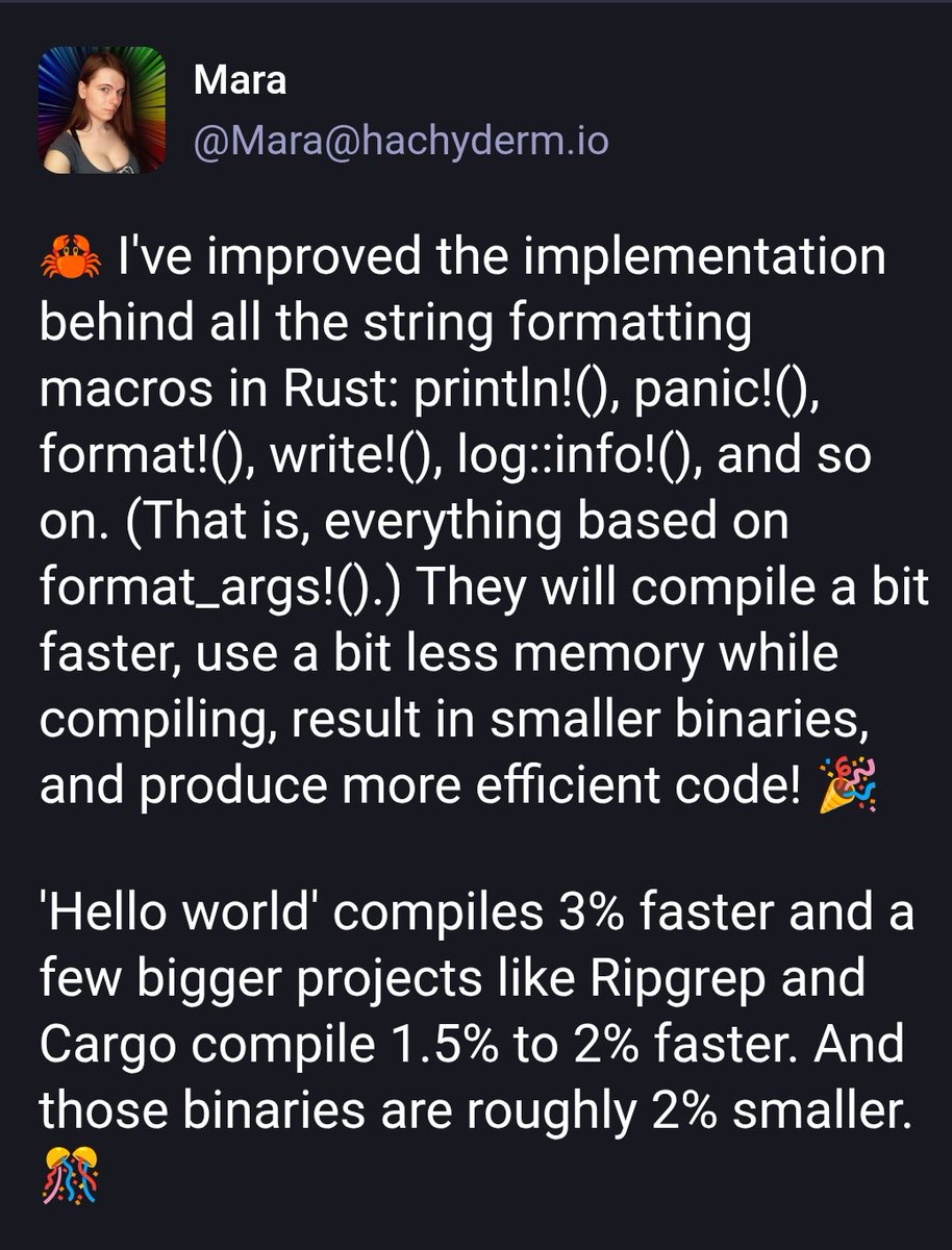 AstraKernel's tweet image. 🦀 This is great to hear.

- The improvement will be shipped as part of Rust 1.93.0 in January