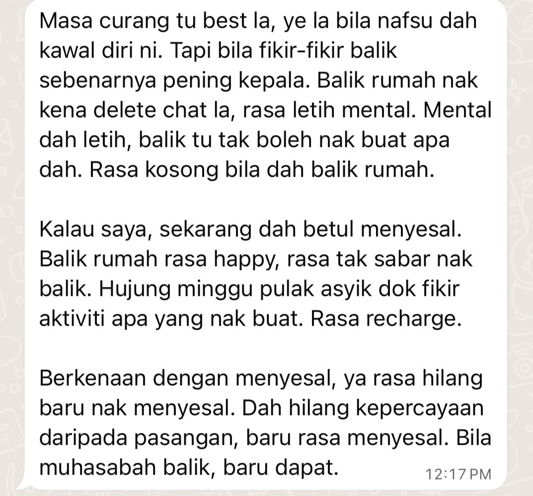 zuhrahx's tweet photo. Nak dengar cerita curang dari POV suami curang yang menyesal.
I’m sharing this one from my husband’s POV
#traumacurang #How2R https://t.co/iuM50HfXFl