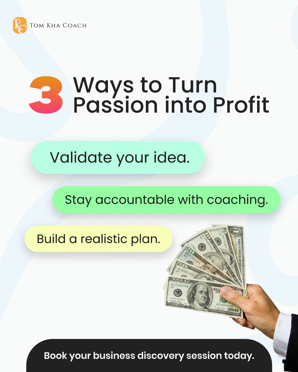 tomkhacoach's tweet image. 💡 3 Ways to Turn Passion Into Profit

Turning a passion into something meaningful and sustainable starts.

✨ “Action comes before confidence. Every small action creates the confidence you wanted.”

#PassionToProfit #SideHustleTips #TomKhaCoach #PurposeDrivenWork