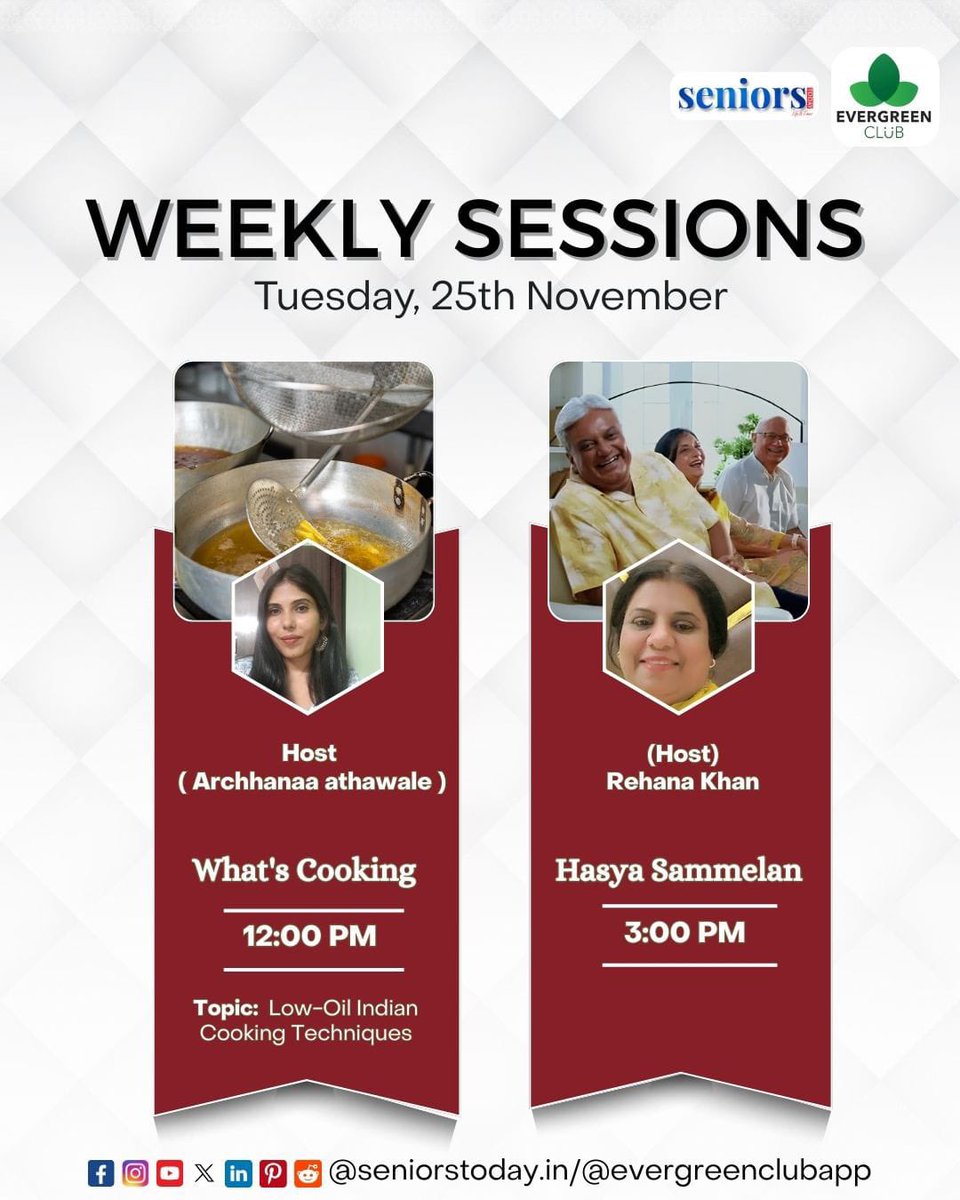 seniorstodayin's tweet image. ✨ Tuesday, 25th November – A Day of Flavours &amp;amp; Fun ✨

🔗Book now -evergreenclub.in/sessions

Join in, learn, laugh and make your Tuesday brighter! 🌟

#evergreenclub #seniorsessions #wellnessprogram #cookingclass #hasyasammelan #seniorcommunity #healthyliving