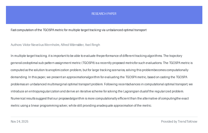 aitrendings's tweet image. Fast computation of the TGOSPA metric for multiple target tracking via unbalanced optimal transport

👥 Viktor Nevelius Wernholm, Alfred Wärnsäter &amp;amp; Axel Ringh

#AIResearch #MachineLearning #OptimalTransport #MultipleTargetTracking #TGOSPA

🔗 trendtoknow.ai