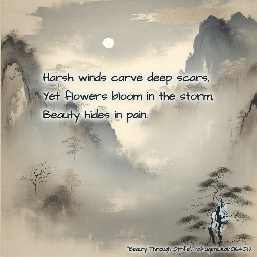 Harsh winds carve deep scars,
Yet flowers bloom in the storm,
Beauty hides in pain.
"Beauty Through Strife", haikugenius.ai/01645113

✨ Create your own beautiful haiku with stunning generative art—free and no signup needed! Try it now: haikugenius.ai