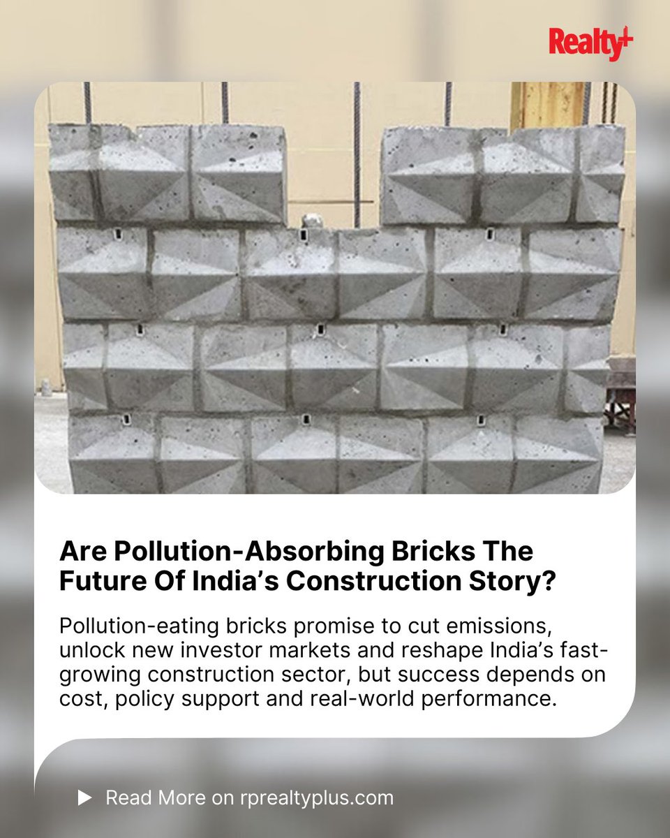 RPRealtyPlus's tweet image. Bricks that eat pollution could cut emissions, attract green investors and change how India builds but their true impact depends on affordability, policy push and on-ground results.

Read more: rprealtyplus.com/news-views/are…

#GreenConstruction #SustainableBuilding #FutureOfConstruction