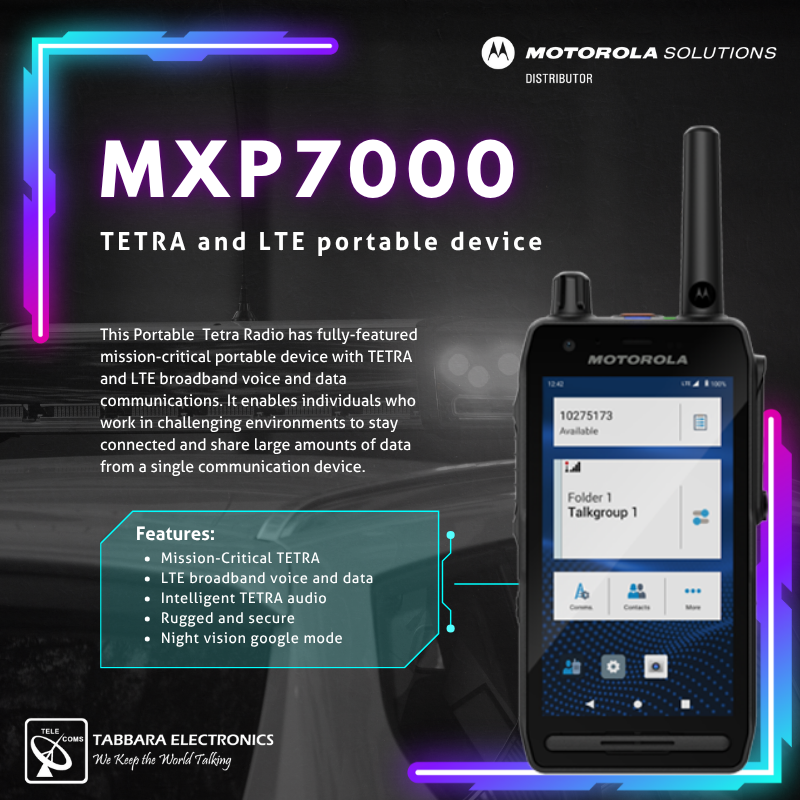 tabbarallc's tweet image. Equip your police patrols and operations with the #MXP7000, a powerful #TETRA radio designed for mission-critical communication. 

#TabbaraElectronics #MotorolaSolutions #uae #dubai #abudhabi #middleeast #tetra #RuggedPerformance 
#ملتزمون_ياوطن
#نتصدر_المشهد